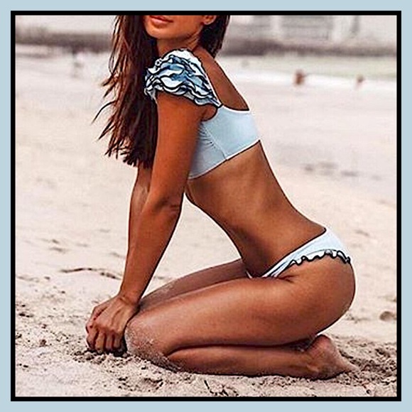 Layered Ruffled Shoulders Light Blue Bikini NWT - Picture 8 of 13